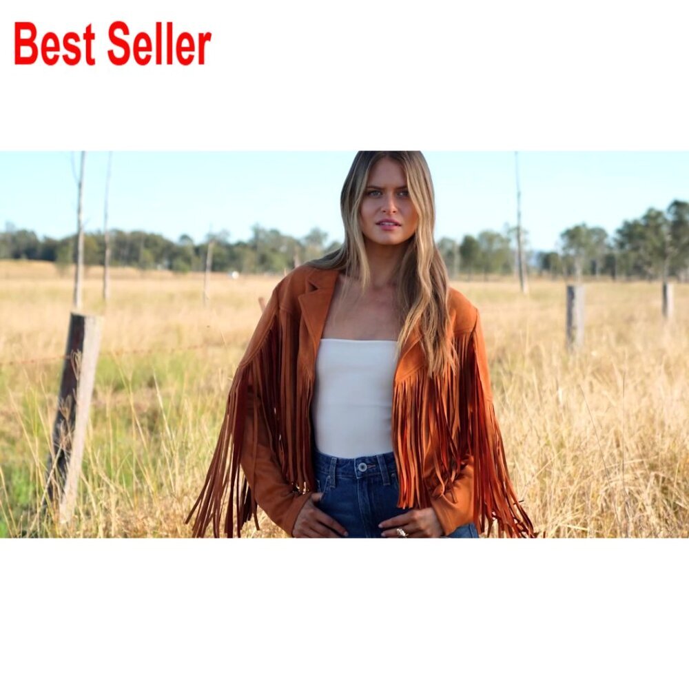 Faux Suede Fringe Cropped Jacket Motorcycle Style Tassel Detail - Picture 7 of 7